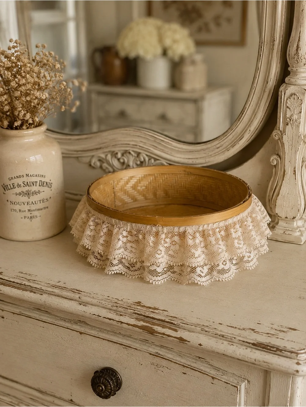 Small Woven Rattan Basket with Lace Trim - Cream